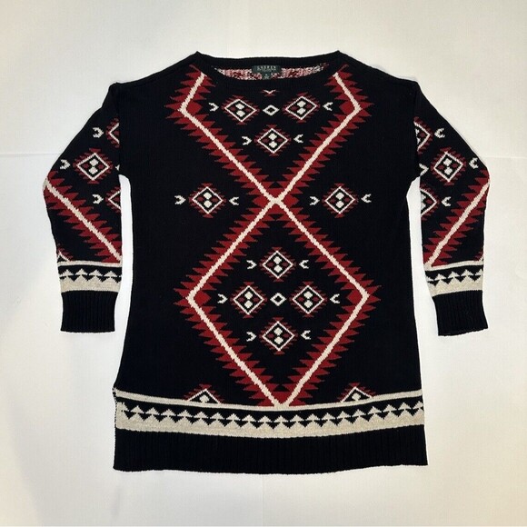 Ralph Lauren Petite Women’s Oversized Sweater Black Red Southwestern Size PL - Picture 1 of 12
